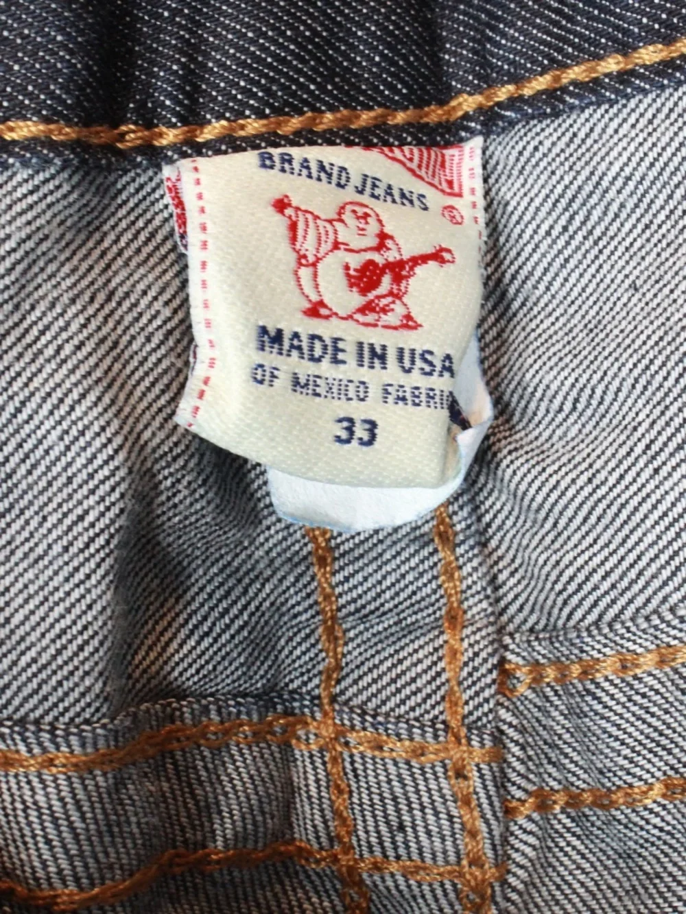 NWT True Religion Straight Leg Flap Jeans Sunset Logo Orange Red Stitch Size 33
